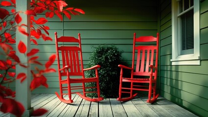 Two red rocking chairs on a porch in front of a green house with a window and some greenery.