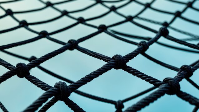 Close-up of a rope net with knots against a blue sky background. Safety, sports, and outdoor activities. The concept of security and protection.