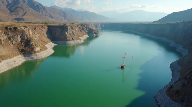 Aerial fly over crane and greenish water in Enguri dam reservoir. Hydro power energy and water supply in caucasus