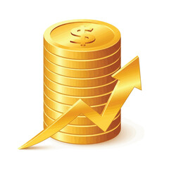 A stack of golden dollar coins with an upward-trending arrow symbolizing financial growth and investment success on a white background.
