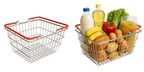 set of grocery baskets on a transparent background. Shopping basket with groceries. Empty shopping basket. Trade. Store. Economy. Sale.