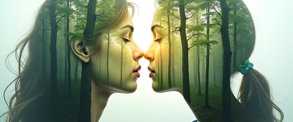 Photo Realistic Double Exposure: A Person Intertwined with a Forest Symbolizing Forest Preservation and Harmony with Nature - Perfect for Stock Photography with Copy Space