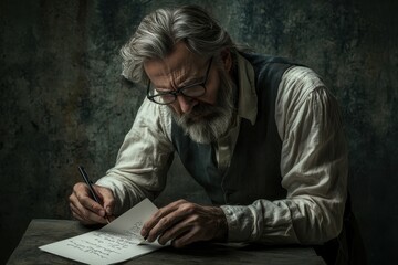 Obraz premium Elderly man writing a letter in a dimly lit vintage setting with deep expressions of thought