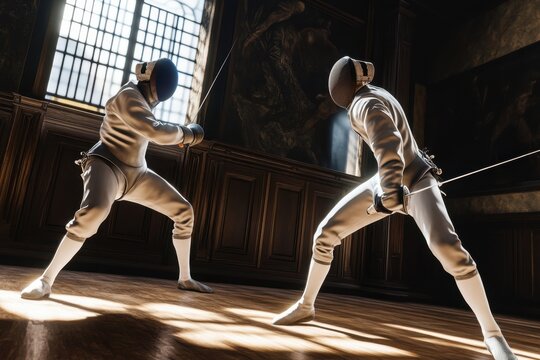 Fencing duel between two athletes in a historic indoor venue during late afternoon light