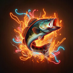 Bold largemouth bass bursting with neon orange flames on dark background. Perfect for fiery fishing prints, adventure apparel, capturing intense energy