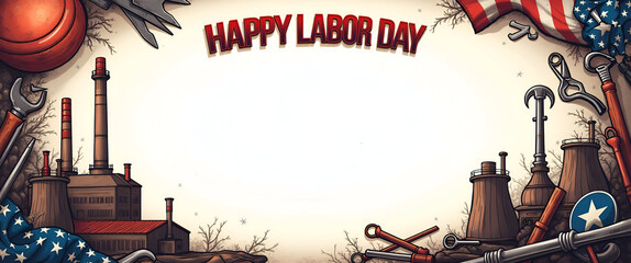 Photo Realistic Labor Day Border Design with Factory and Tools - Celebrate Workers' Contributions with Customizable Space for Invitations and Announcements