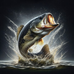 Vibrant largemouth bass surging upward with forceful splash on deep black background. Suited for bass fishing gear, sport tees, embodying powerful action