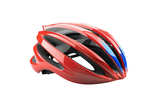 Modern red and blue cycling helmet isolated on transparent background representing stylish protective sports gear and outdoor riding safety.