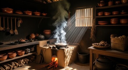 Rustic Kitchen Scene with Cooking Pot and Natural Light.