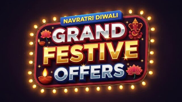 Navratri diwali festival sale shopping logo with Grand Festive offers 3d typography and retro lights decoration.