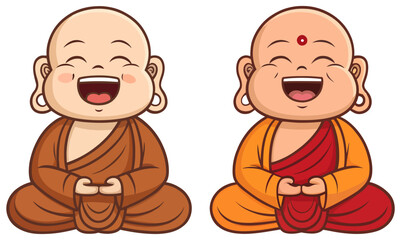 Smiling Buddhist monk characters in traditional attire sitting cross legged in cheerful meditation pose