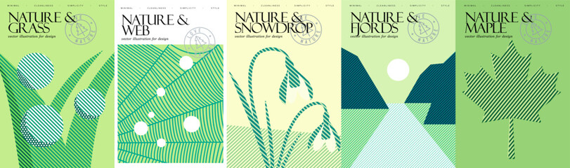 Nature and environment. Vector modern abstract illustrations of dew on grass, spider web, snowdrop, norwegian fjords, maple leaf for eco poster, background and cover