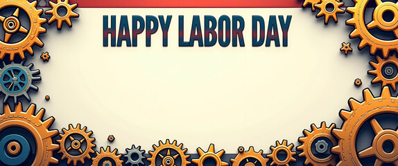 Photo Realistic Gear and Cog Border Design for Happy Labor Day - Celebrate Workers with Customizable Invitations Featuring Industrial Style and Warm Colors.
