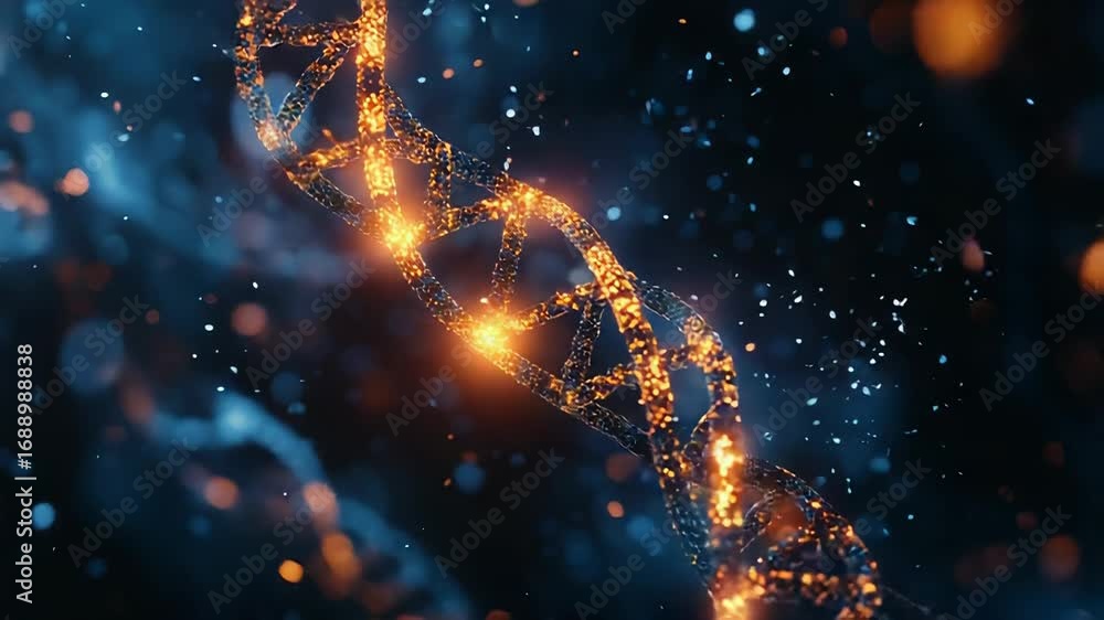 Poster glowing dna helix rotating in a microscopic environment