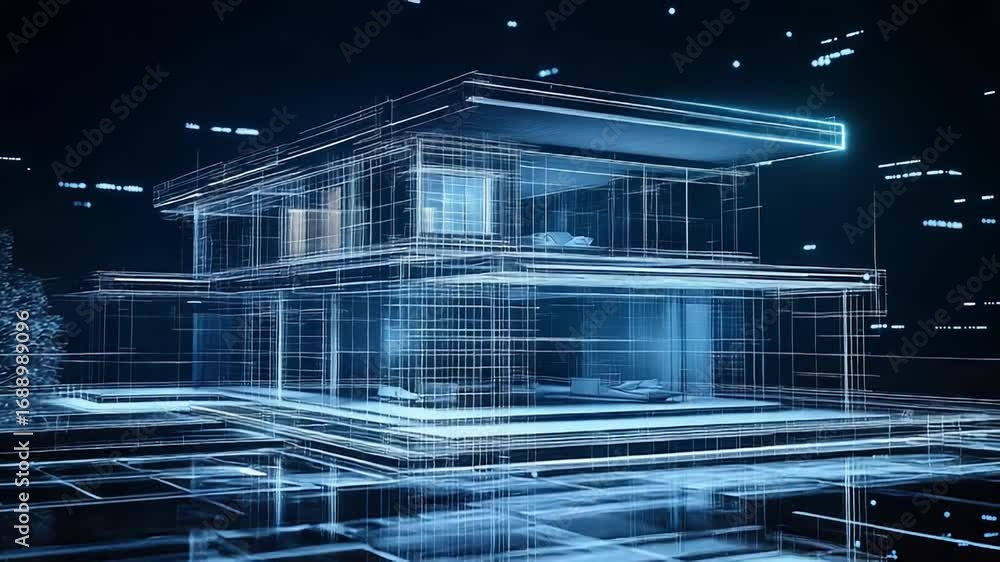 Poster futuristic wireframe house emerging from digital data stream
