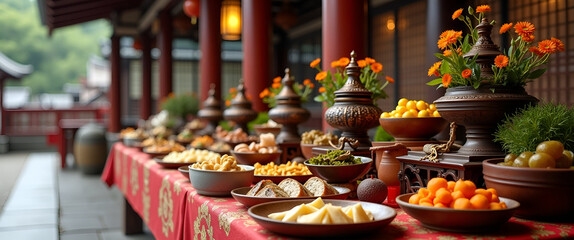 Ancestral Offering Table: Captivating Photo Stock of Incense Burners, Floral Wreaths, and Traditional Obon Delicacies Against a Serene Temple Backdrop with Empty Space for Customization