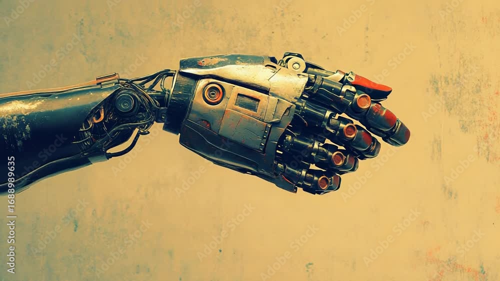 Poster robotic arm extending hand in friendly gesture