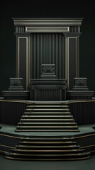 A grand, dark stage with sculpted, black architecture and golden trim stands imposingly against a dark backdrop.