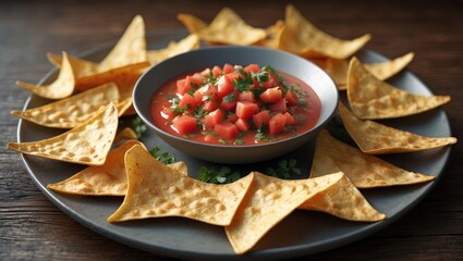 Plate of nachos with tomato salsa in a bowl, surrounded by crispy tortilla chips on a dark wooden table.