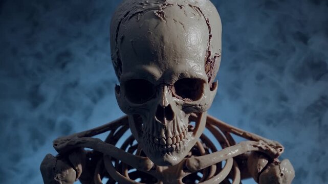 Skull dominates frame with eerie presence. Skeleton collarbone and rib detail visible. Human bone texture shows decay and crack. Atmospheric smoke adds spooky macabre mood. Horror evokes halloween.