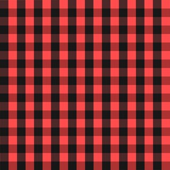 A seamless, close-up pattern of classic red and black plaid. The symmetrical design of crossing horizontal and vertical lines creates a timeless, textured background. Perfect for flannel-themed design