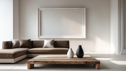 Modern living room with a brown sectional sofa, white and brown cushions, a rustic wooden coffee table, and minimalistic decor with natural light.