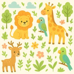 Naklejka premium Seamless pattern of cute cartoon jungle animals including lions, giraffes, parrots, and deer in a cheerful and colorful setting.