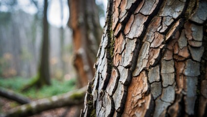 Obraz premium Close-up of tree bark in a forest setting with blurred trees in the background.