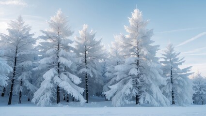 Obraz premium Snow-covered trees in a winter landscape with clear sky and sunlight. Cold season, nature scene. Forest and snow. The winter scenery of frosty trees.