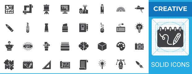 Creative tools solid glyph icon set