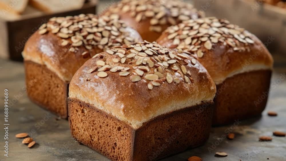 Aufkleber a close-up shot of various types of fresh bread on a table, ideal for use in food-related contexts s