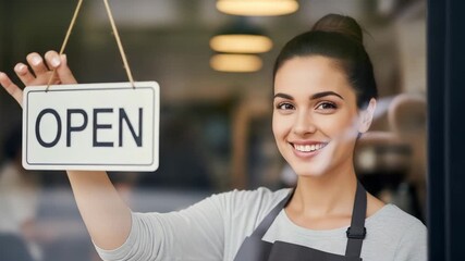 Smiling woman hanging an open sign on a glass door of her business