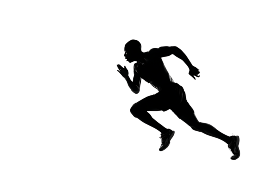 Dynamic male athlete in powerful sprint motion capturing speed, strength, and athletic achievement in a striking silhouette style