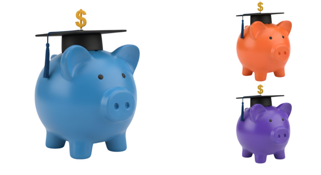 Colorful piggy banks wear graduation caps, show savings for education. Use for finance, education, or promotion material.