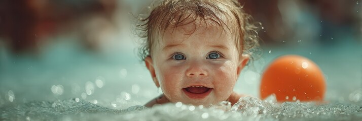 Joyful baby splashes in pool water while playing with bright orange ball during summer afternoon