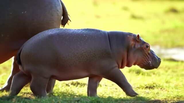 Adorable Baby Hippopotamus with Mother in African Savanna
