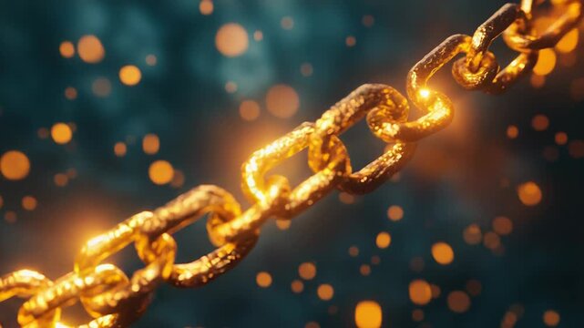 Golden chain breaking on dark background with sparks