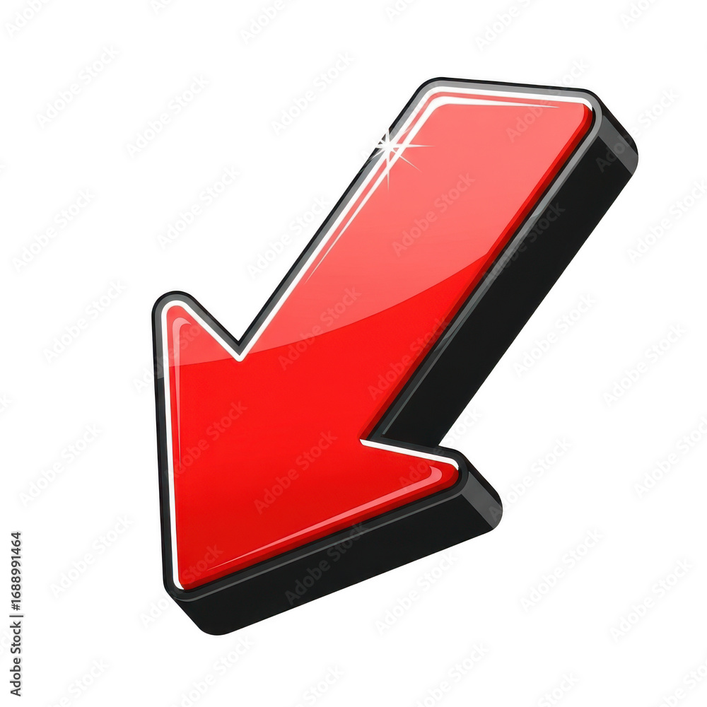 Poster bold red downward arrow with glossy finish and 3d effect symbolizing direction transparent backgroun