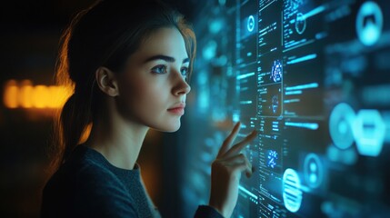 Young woman with long brown hair and focused expression interacts with futuristic digital interface displaying data icons and holographic graphics in a dark high-tech environment