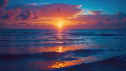 Obraz premium Sunset over the ocean with colorful clouds and reflection on the water. Nature and landscape, tranquility, beauty of the sea. Sunset and sea scene.