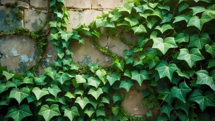 Vines of ivy growing on an old stone wall, covering parts of the surface with lush green leaves.