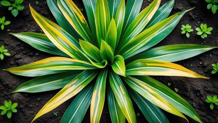 Obraz premium Colorful variegated plant with green and yellow leaves growing in soil, surrounded by small green clover-like plants.