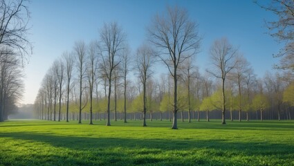 Fototapeta premium Tree landscape with tall, leafless trees, green grass, and a clear blue sky.
