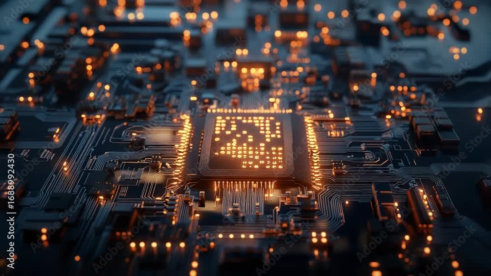 Poster cpu processing data on motherboard with orange lights