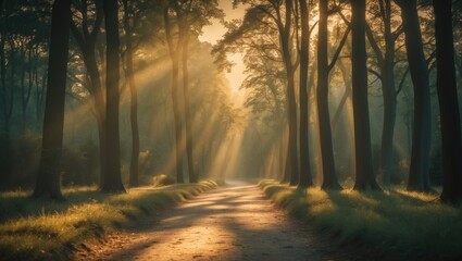 Sunlight filtering through forest trees on a dirt road during sunset or sunrise, creating a peaceful and warm atmosphere.