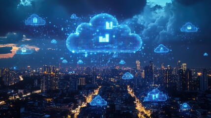 Futuristic digital cloud computing concept with data storage icons over cityscape at night representing cloud technology and data connectivity innovation