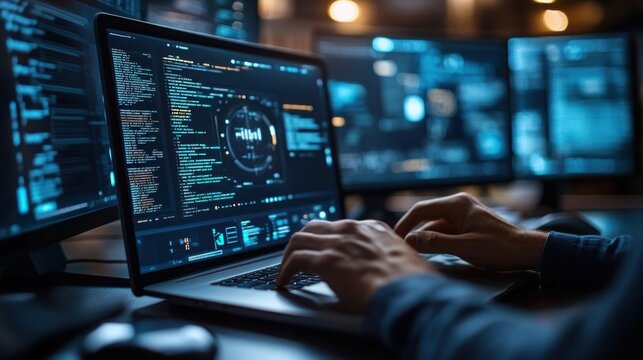 Modern cybersecurity professional working on computer with multiple monitors displaying code data and digital interface in a high-tech environment