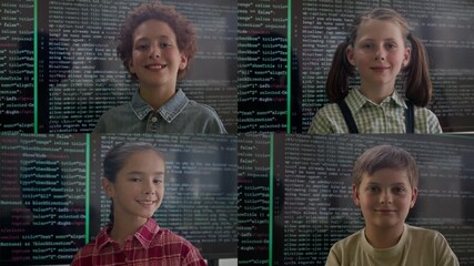 Split screen of four happy youthful schoolkids in casual attire looking at camera in classroom while standing by interactive board with programming language