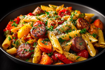 Penne pasta dish with grilled sausage, cherry tomatoes, bell peppers, carrots, and herbs, topped with grated cheese.