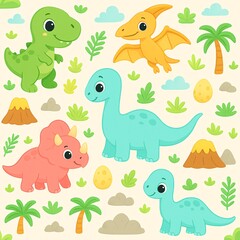 Seamless pattern of cute cartoon dinosaurs including T-Rex, Apatosaurus, Triceratops, and Pteranodon in playful and cheerful poses.